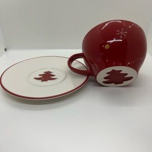 Starbucks Holiday 2006 Coffee Mug and Saucer Set Red Christmas Trees 12 fl oz